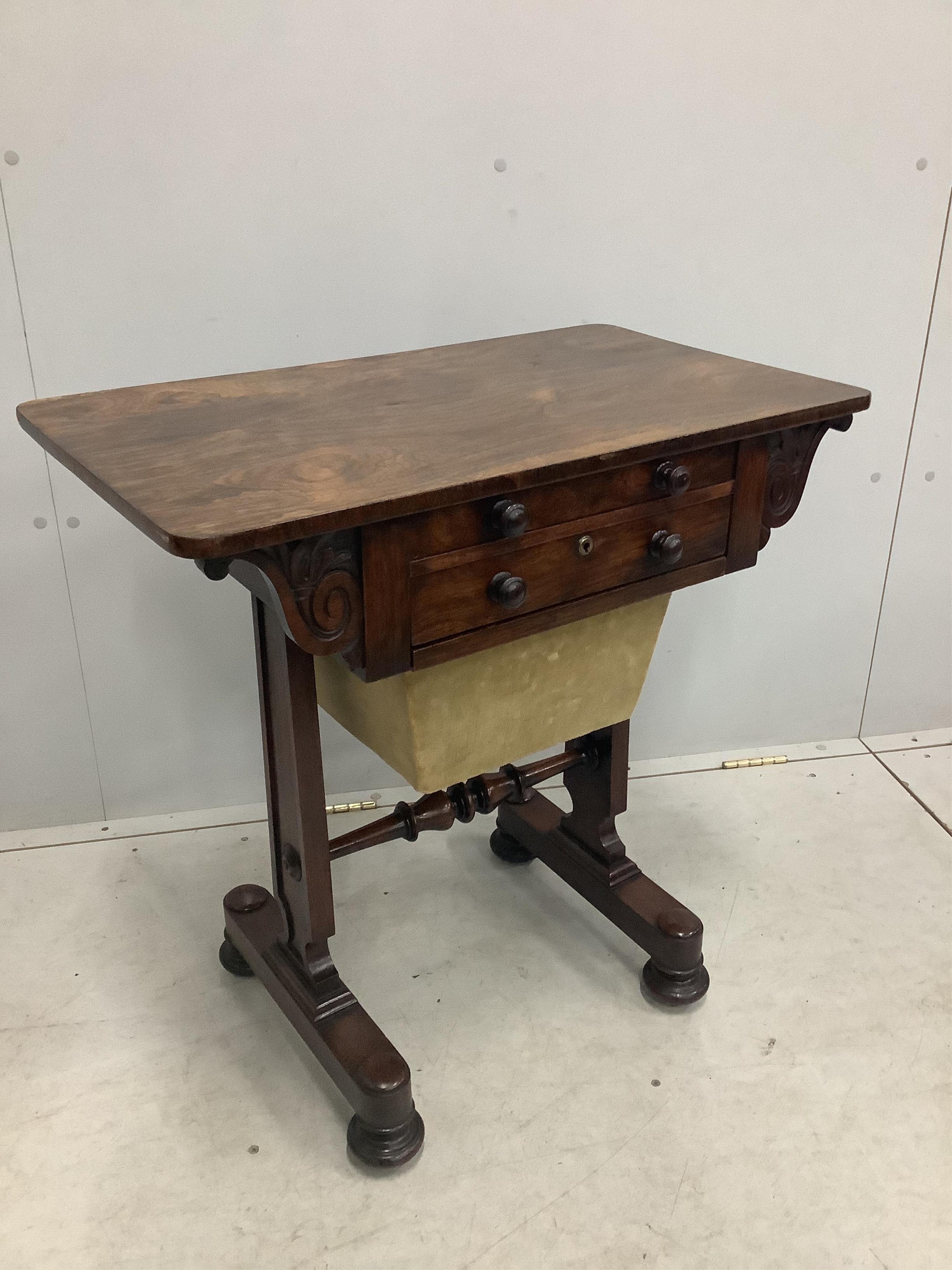 A William IV rosewood work table, width 71cm, depth 42cm, height 72cm. Condition - fair